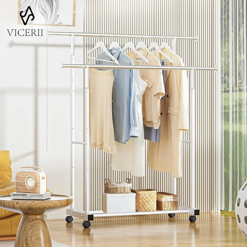 Garment Rack with Wheels and Bottom Shelf,Capacity Heavy Duty Rolling Clothes Racks for Hanging Coats,Shirts, Sweaters,Skirts