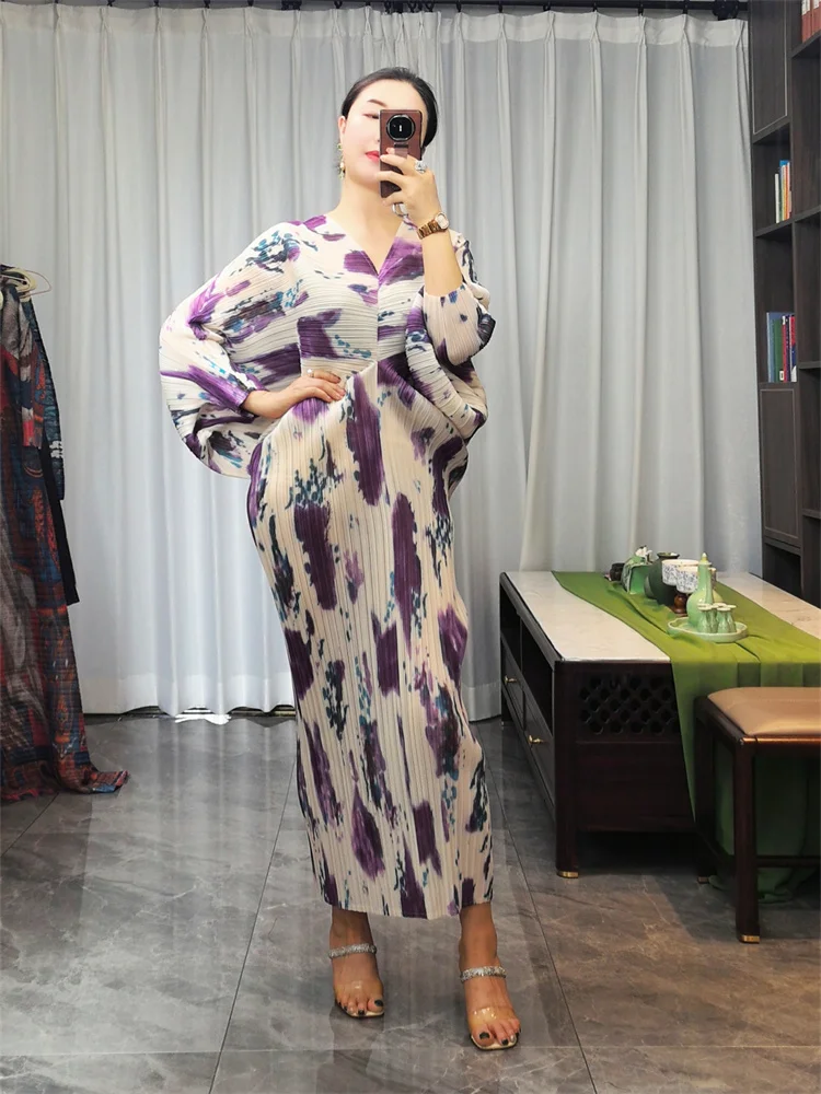 Miyake Pleated Hand Painted Long Dress 2024 New Autumn Winter Loose Women Long Sleeves Designer Elegant Fashion Clothes In Stock