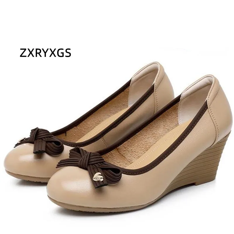 ZXRYXGS 2024 Premium Soft Cowhide Bow Spring Leather Shoes Wedges High Heel Shoes Elegant Fashion Shoes Woman New Shoes Pumps