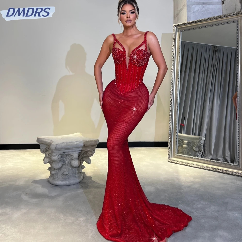 

Red Deep V-neck Spaghetti Straps Evening Dress Glitter Beads Prom Gown Luxury Mermaid Cocktail Dresses Customized Robe De Mariée