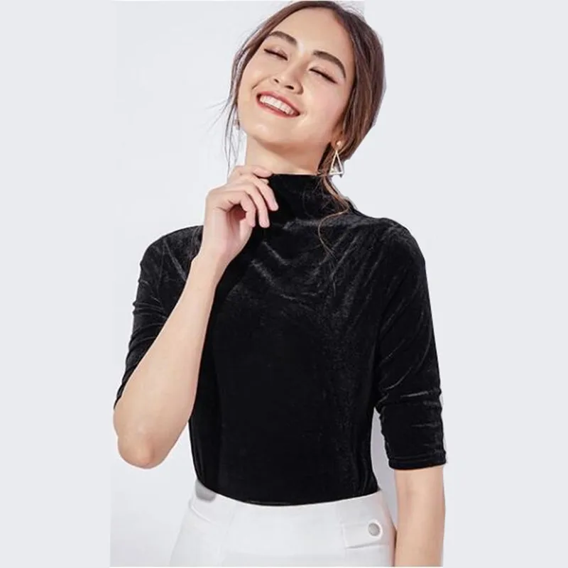 الربيع والخريف الكورية نمط المرأة أزياء الياقة المدورة القطيفة تي شيرت نصف كم المخملية قميص زائد حجم قمم #4
