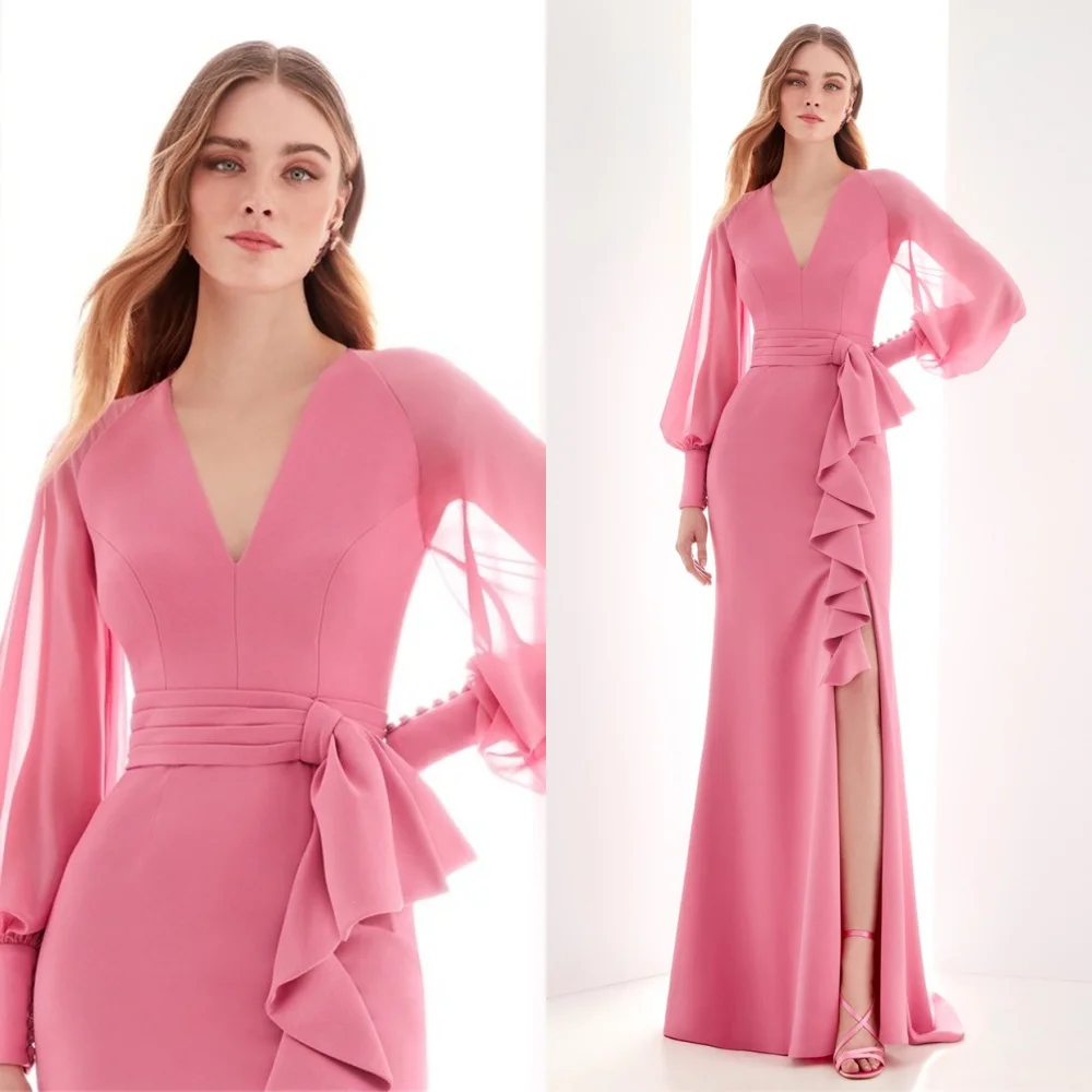 Customized Customized Mermaid Simple Pink Jersey Evening Dress Elegant V-Neck Long Sleeves Homecoming Dresses Classic Special Oc