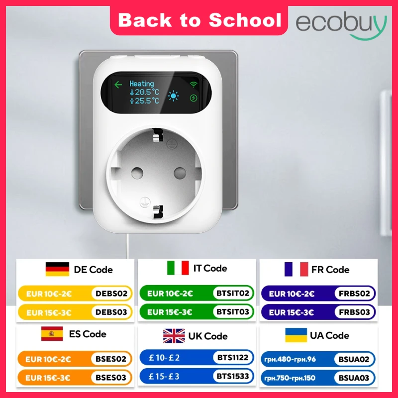 WiFi Socket Thermostat Tuya Smart Outlet Plug Smart Wifi Socket Controller Temperature Controller Heating with Alexa Google Home