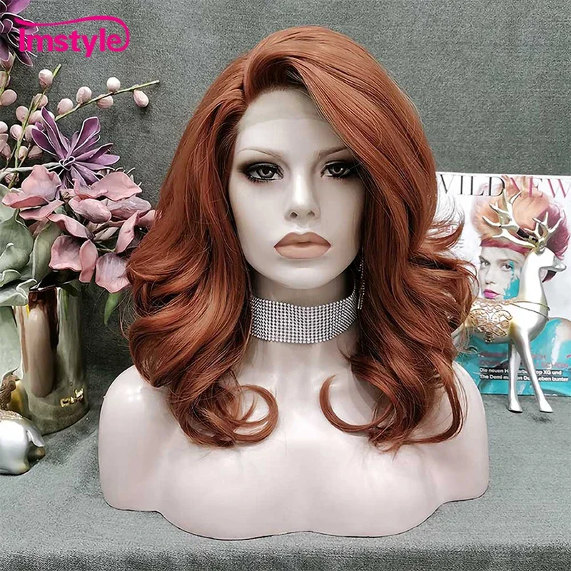 

Imstyle Copper Red Wig Short Synthetic Lace Front Wig For Women Natural Wavy Heat Resistant Fiber Cosplay Wig