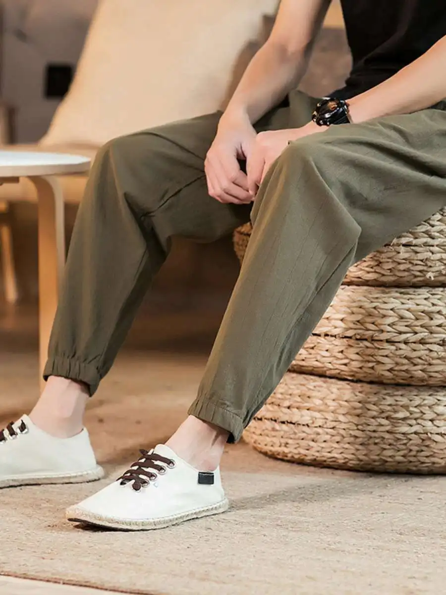 

Summer Thin Linen Men's Sports Pants Loose Fit Korean Sle Trendy Cuffed Casual Trousers Nine Points Color Japanese St...
