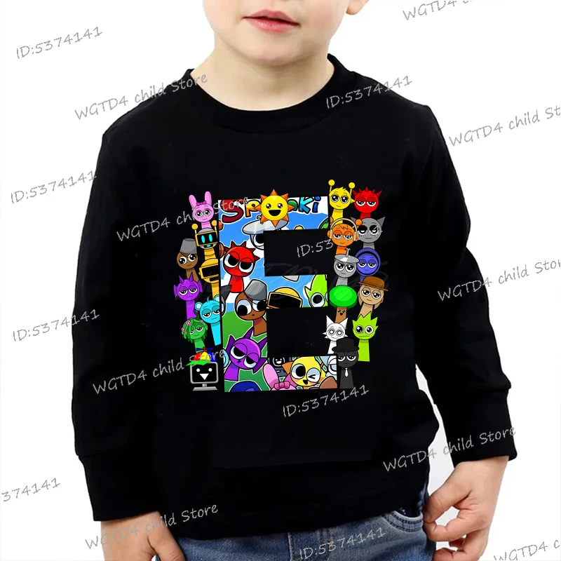 سويت شيرت أسود Sprunki Kawaii الأبجدية ملابس أطفال موضة بنين بنات كم طويل بدون غطاء للرأس بلوفر كارتوني لعبة الرعب