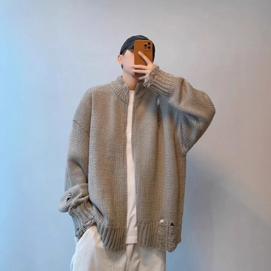 Autumn And Winter Ripped Knitted Zipper Jacket Japanese Retro Lazy Loose Casual Turtleneck Thickened Sweater Cardigan