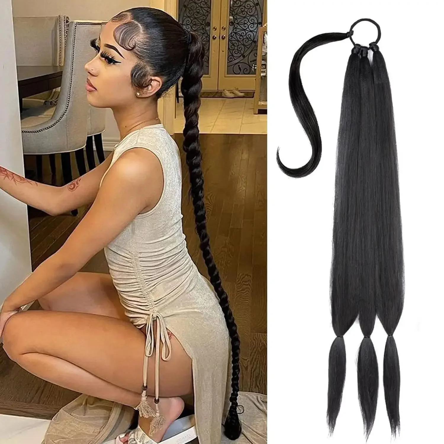 24/30inch Synthetic Long Braided Ponytail Hair Extensions Synthetic Boxing Braids Wrap Around Chignon Tail With Rubber Band