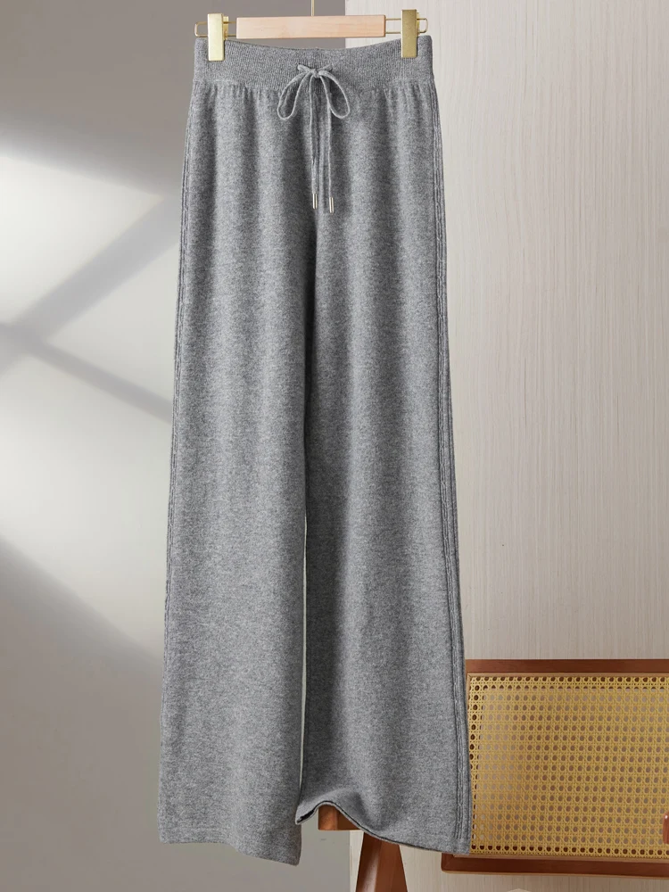 Autumn Winter Women Wool Wide Leg Pants 100% Merino Wool Knitwear Cable Knit Cashmere Trousers Casual Loose Style Pants Korean