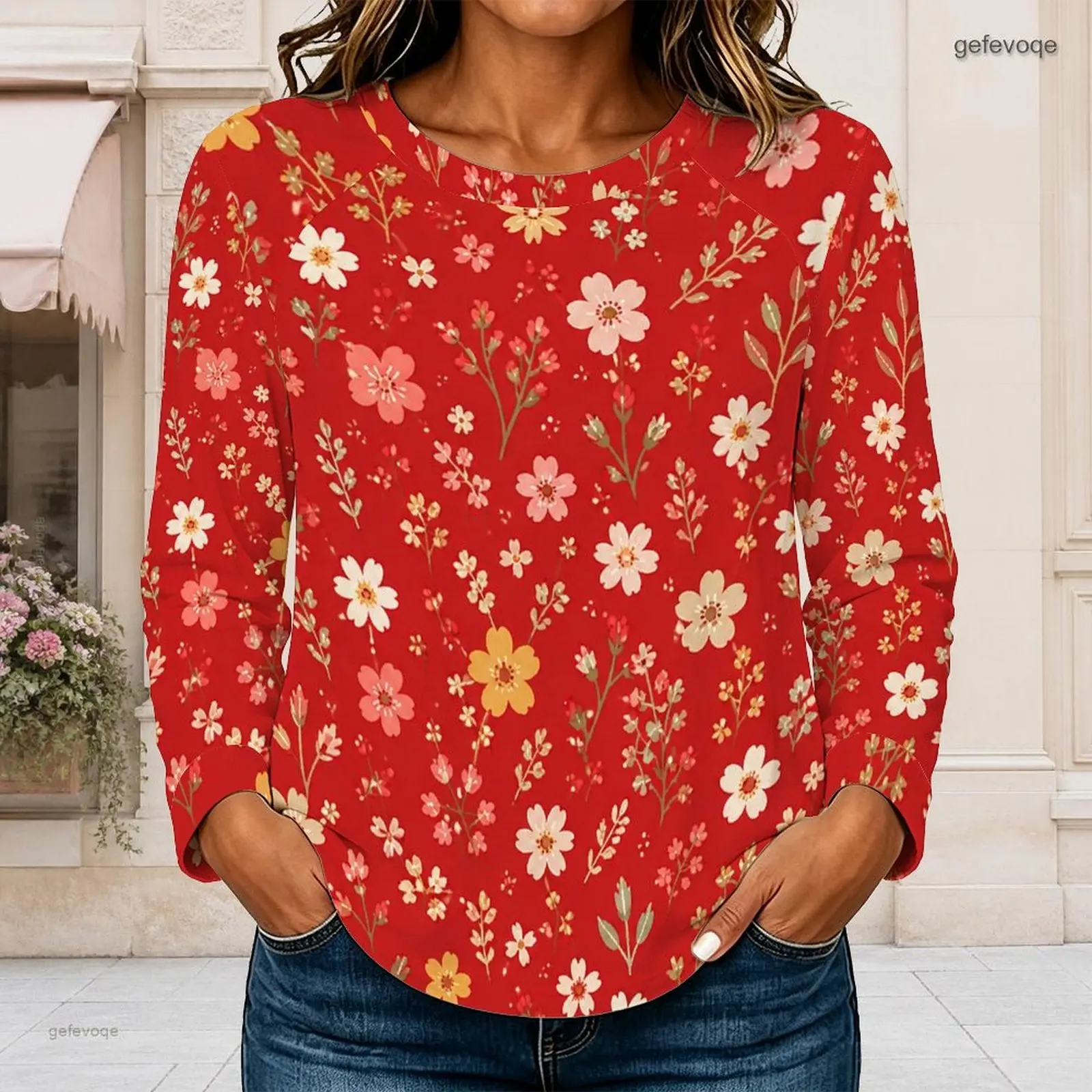 Women Round Neck Long Sleeve Red Floral Printed Top