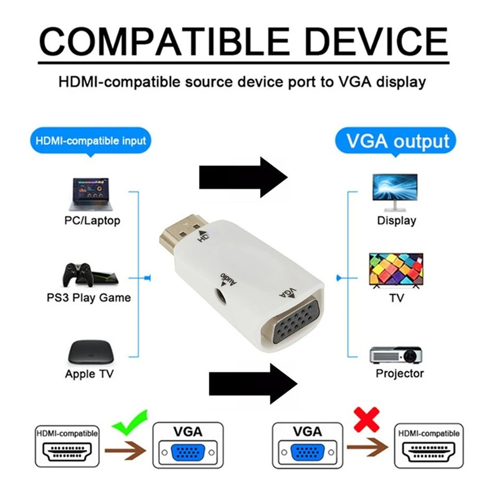 Adattatore convertitore HDMI compatibile con VGA cavo Audio converti HD Famale in Vga maschio per proiettore Display Computer portatile TV Box