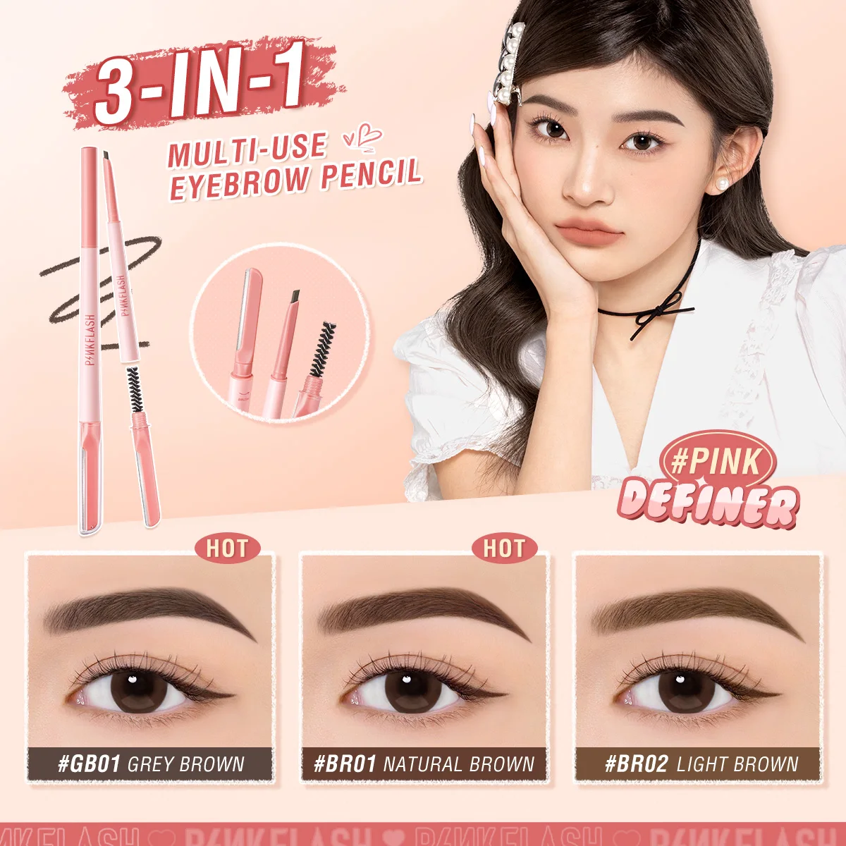 PINKFLASH 3 In1 Multi-use Eyebrow Pencil Waterproof Natural Eyebrow Enhancers Sweat-proof Eye Brow Tattoo Pen Makeup Cosmetics