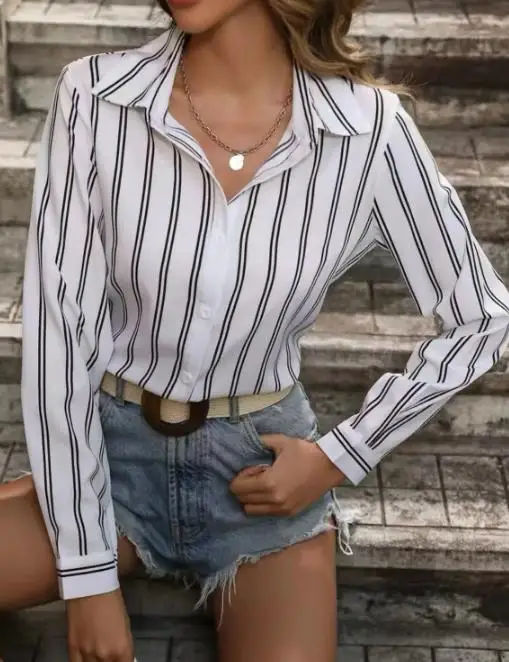 Primavera/verão moda feminina listrado camisa solta manga longa estilo de deslocamento nova chegada para senhoras