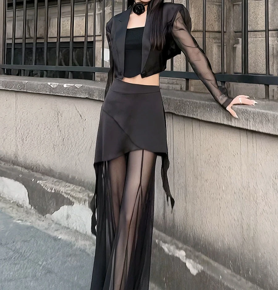 中空ウエストストラップデザインショートジャケット感2025夏スーツレディース薄手メッシュスプライシングパンツ2点セット