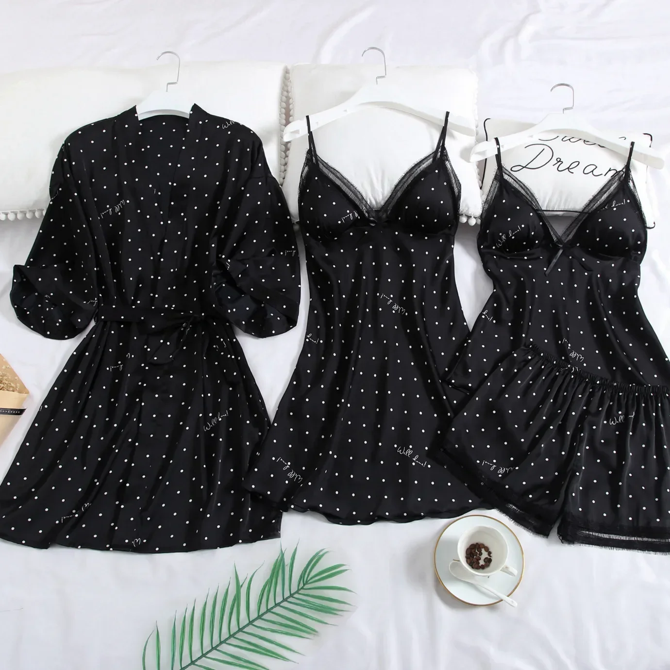 Pink Print Dot Wedding Robe Set Sleepwear Casual Intimate Lingerie Nightgown Nightdress Soft Homewear Home Clothing Kimono Gown