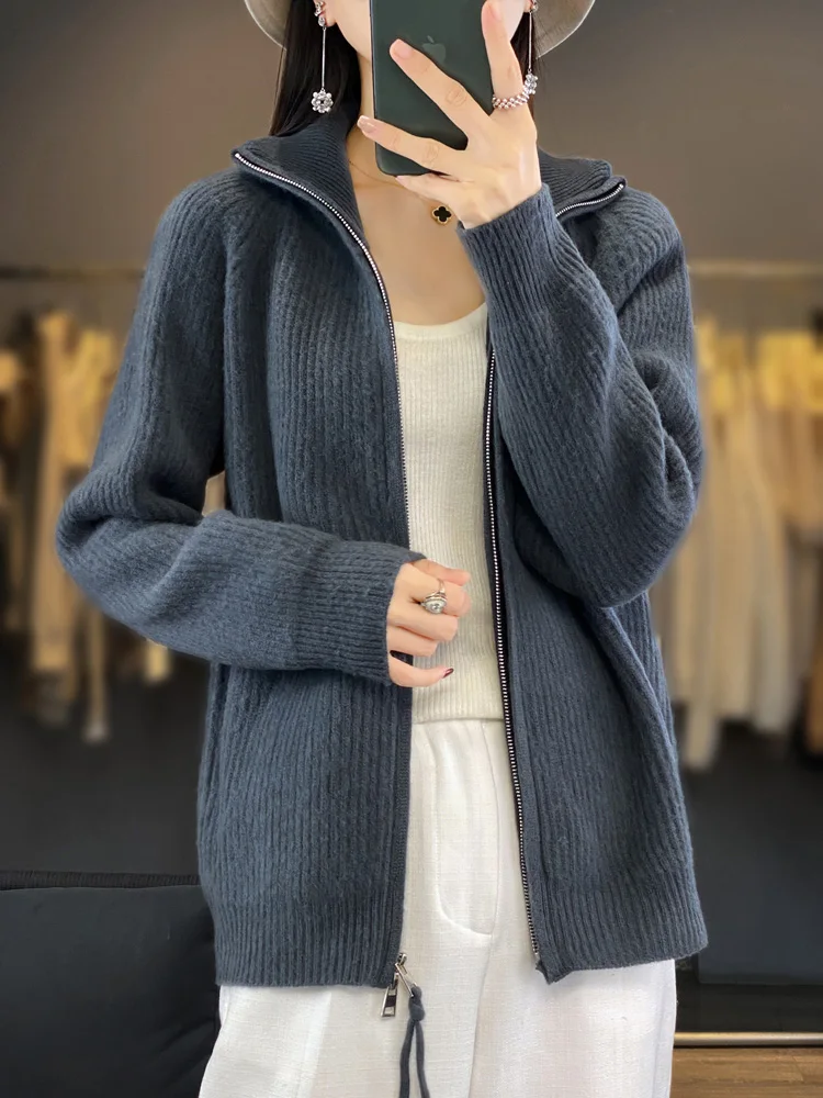 2024 Women Knitted Zipper Cardigan Turn-Down Collar 100% Pure Wool Tops Fashion Outwear Coat Sweater New Spring Autumn Winter