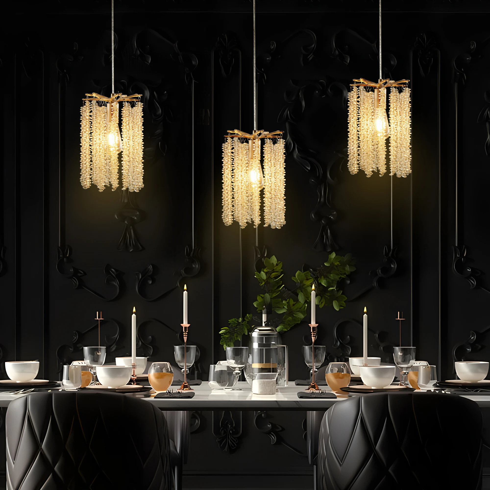 

Luxury 3-Pack Crystal Pendant Lights, Elegant Golden Finish Chandelier with Waterfall Bead Design (No Bulbs)