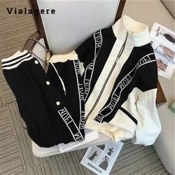 Korean Fashion Casual Vintage Two-piece Set Women Long Sleeve Patchwork Zipper Sweatshirt+Wide Leg Trousers Sets Y2K Pants Suits