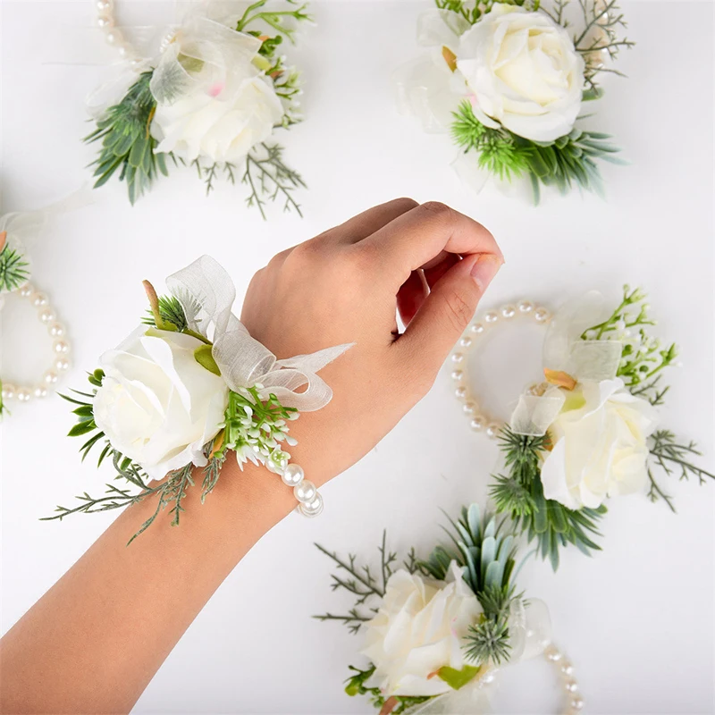 Wedding Wrist Flower Corsage Men Boutonniere Girl Bracelet Groom Pin Bridesmaid Wrist Flower Corsage Boutonniere Brooch Clip