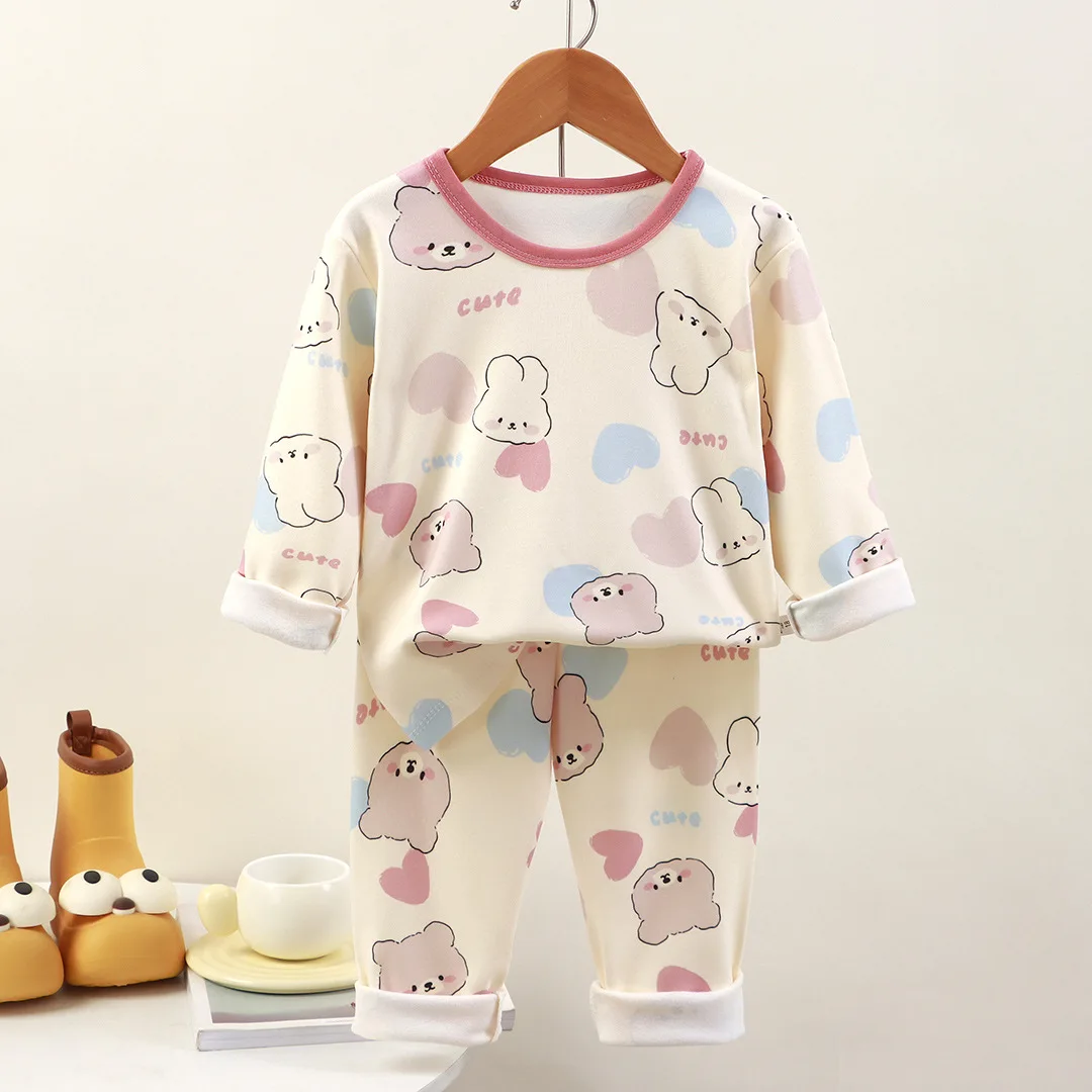 New Kids Autumn Warm Pajamas Boys Girls Cute Cartoon Print Long Sleeve T-Shirt with Pants Pyjamas Toddler Baby Casual Sleepwear