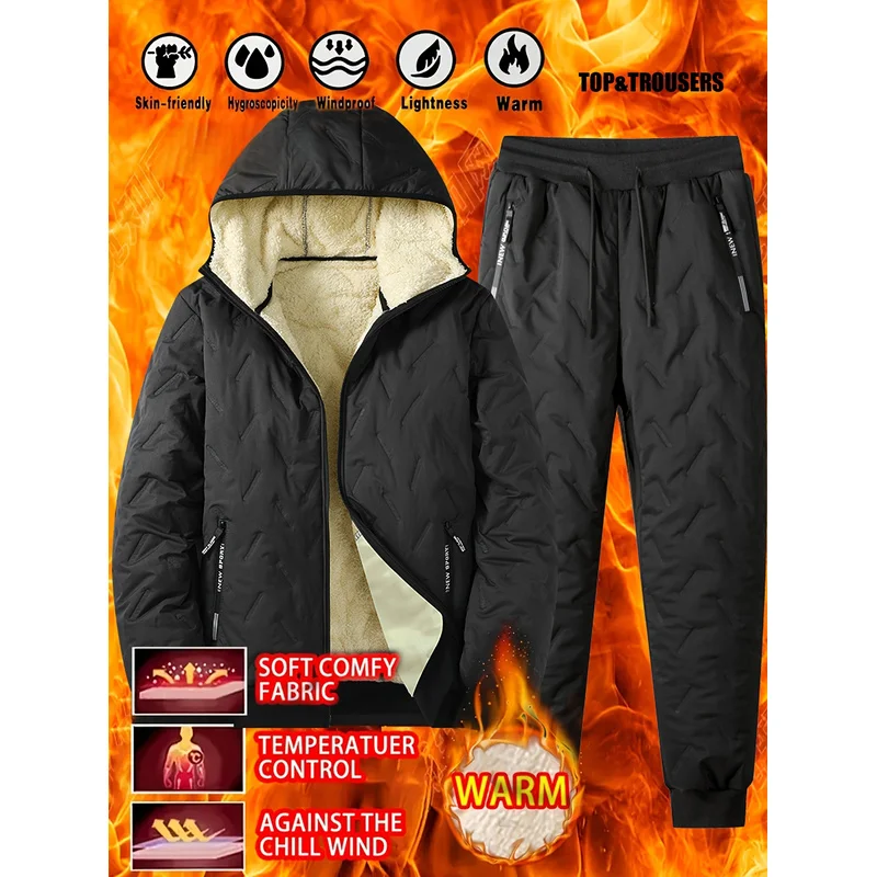 Men's Winter Casual Fleece Thermal Suit To Protect Against Cold Wear Clothing Top Bottom Set Sets Clothes Man Two Piece Outfit