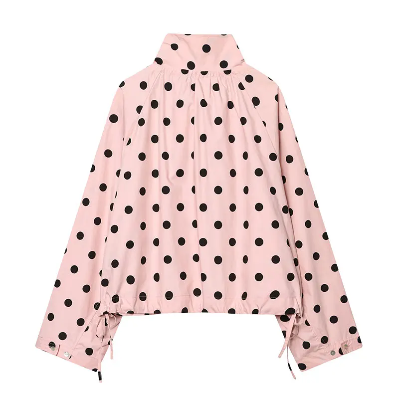 NLZGMSJ 2026 Spring Polka Dot Print Women Casual Bomber Jacket Thin Long Sleeve Stand Collar Loose Coat Female Crop TopY2K