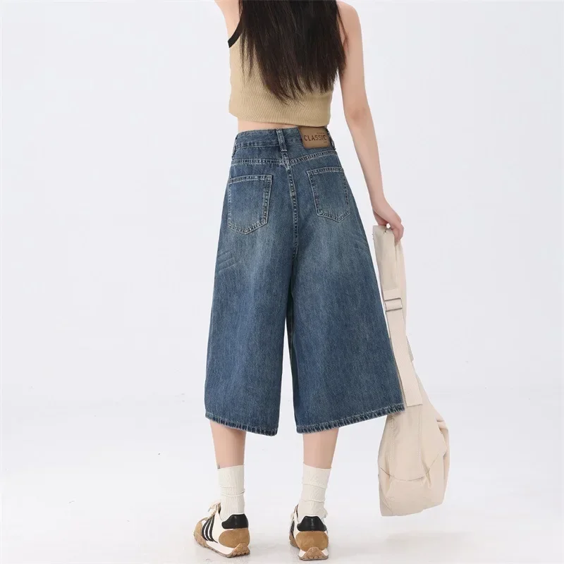 Pop อินเทรนด์ผู้หญิงกางเกงยีนส์กางเกงขาสั้นบางขากว้างหลวม Fit เจ็ดฟุต Slim ตัดตรงความยาวกลางลูกวัวฤดูใบไม้ผลิฤดูร้อนแฟชั่น