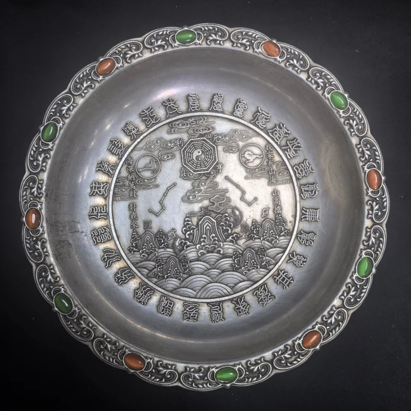 Placa de ciudad de montaña y mar con piedras preciosas grandes de cobre puro de estilo antiguo, diámetro de 22cm, adorno artesanal para casa de ciudad, Antiq