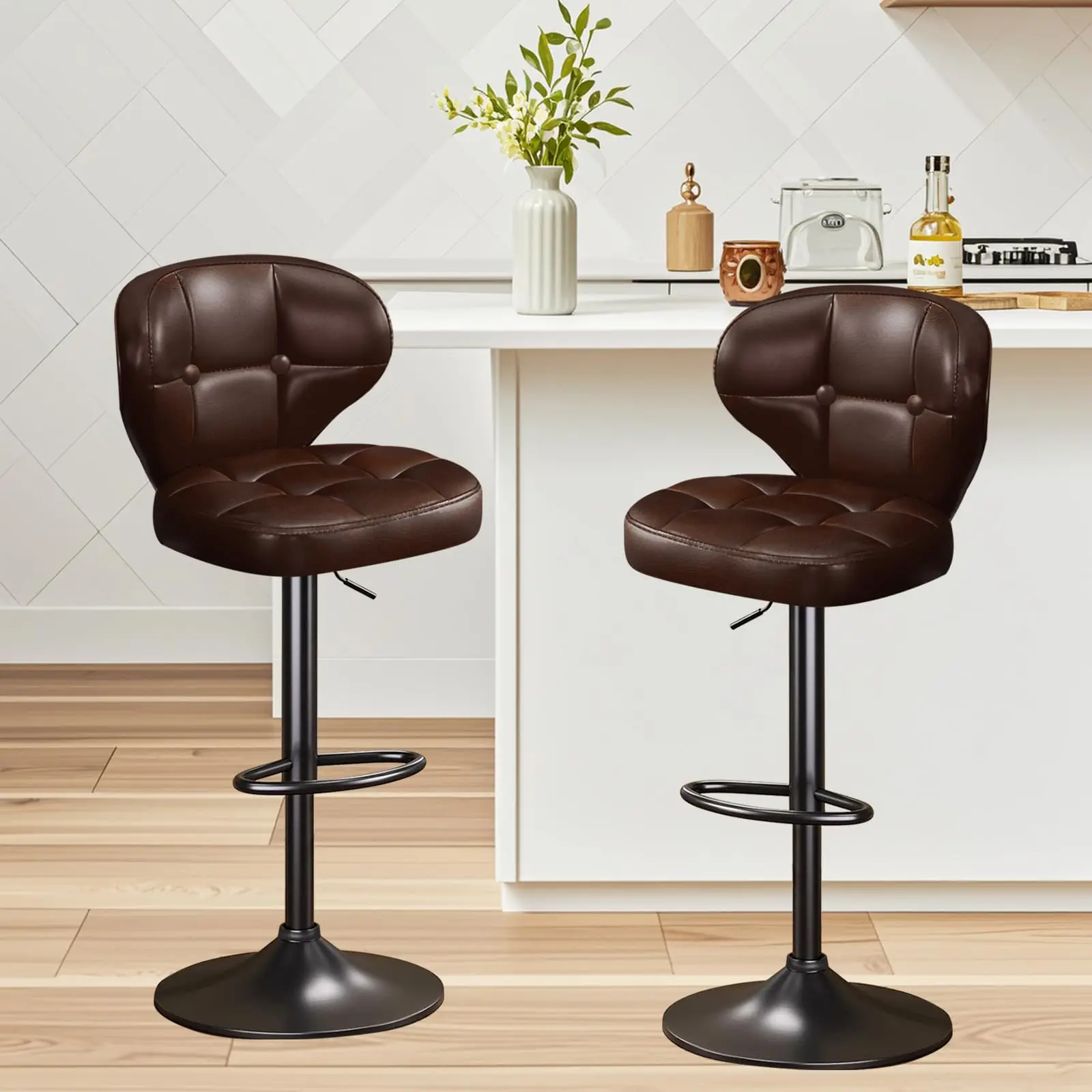 Bar Stools Set of 2, Adjustable Swivel Bar Chairs with 360° Rotation, Padded Counter Stools with Back and Footrest for