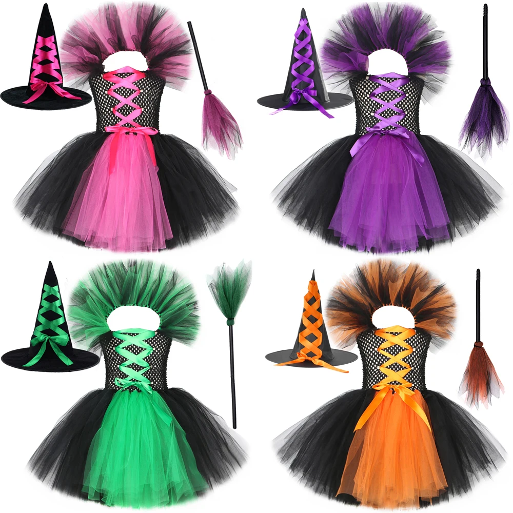 Evil Witch Halloween Costumes for Girls Carnival Party Fancy Dress with Hat Magic Broom The Witches Kids Tutu Outfit Multicolors