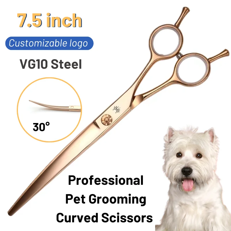 7.5” Professional Pet Dog Grooming Scissors Lightweight Shears Ergonomic Handle 30° Bend Curved Animal Scissors JP VG10 Steel