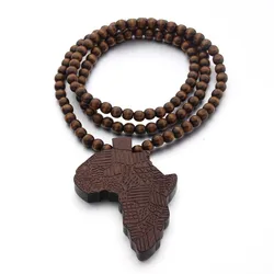 Africa Map Engraved Pendant Necklace 5 Colors Wooden Round Beads String Chains Charms Men Women Fashion Hip Hop Jewelry Gift