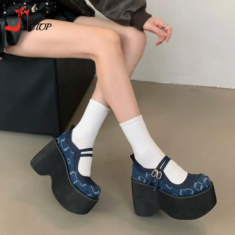 Chunky Platform Women Pumps Spring Autumn New Mary Jane Super High Heels Denim Round Toe Wedges Lolita Gothic Shoes