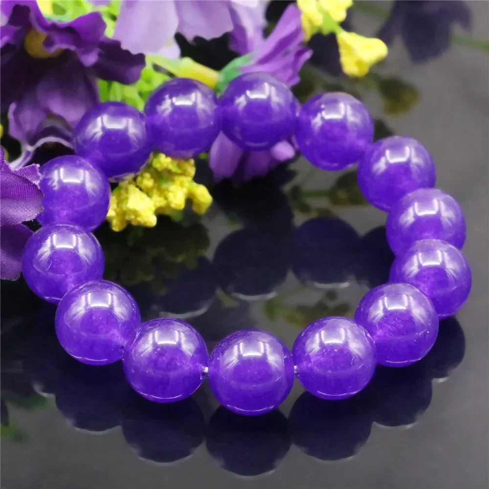 

14mm Natural Round Purple Crystal Amethystt Bracelet Jades Chalcedony Jaspers Stone Women Girl DIY Hand Made Elastic Jewelry