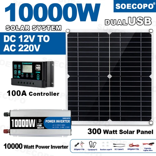 Imagen 1 del producto Kit completo de energía Solar de 10000W, controlador inversor de 12V a 220V, sistema de Panel de 300W para el hogar/RV/Camping, generador de casa completa