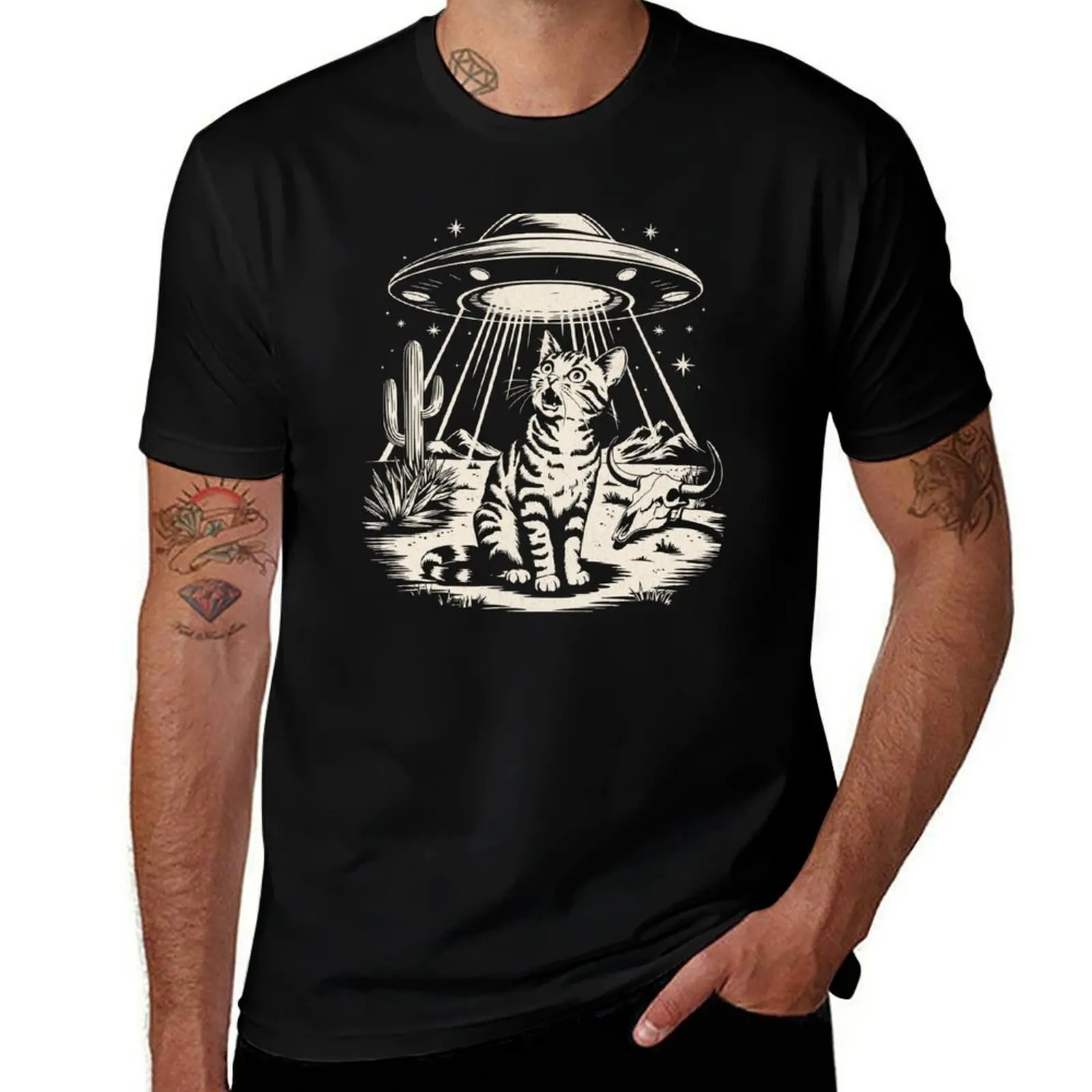

Vintage UFO Cowboy Cat T-Shirt kawaii clothes hippie clothes quick drying funny shirt cotton Men's t-shirts