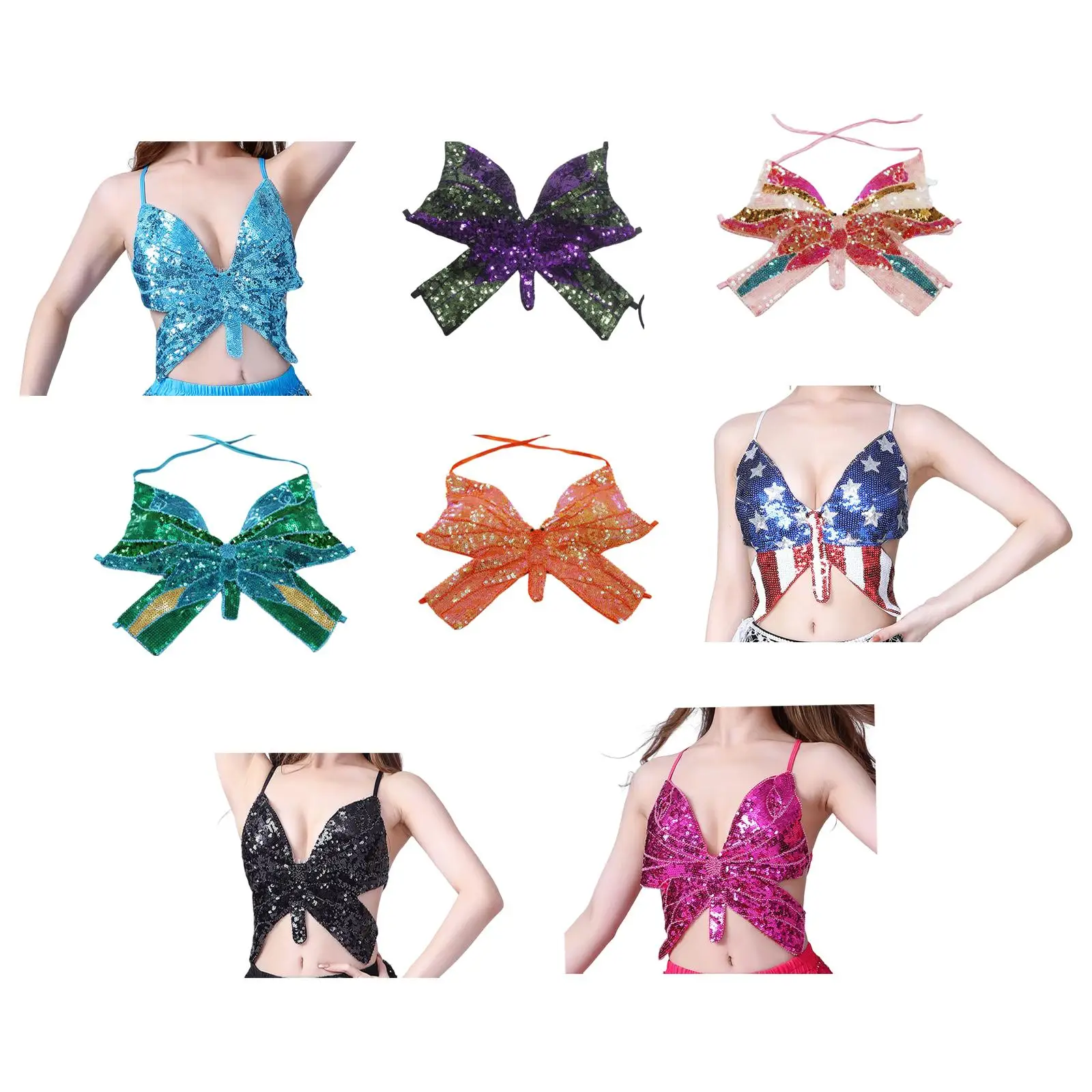 Women'Sequins Butterfly Crop Top Club Tribal Outfits Dance Wear Glitter Bra Tops for Halloween Rave Party Festival