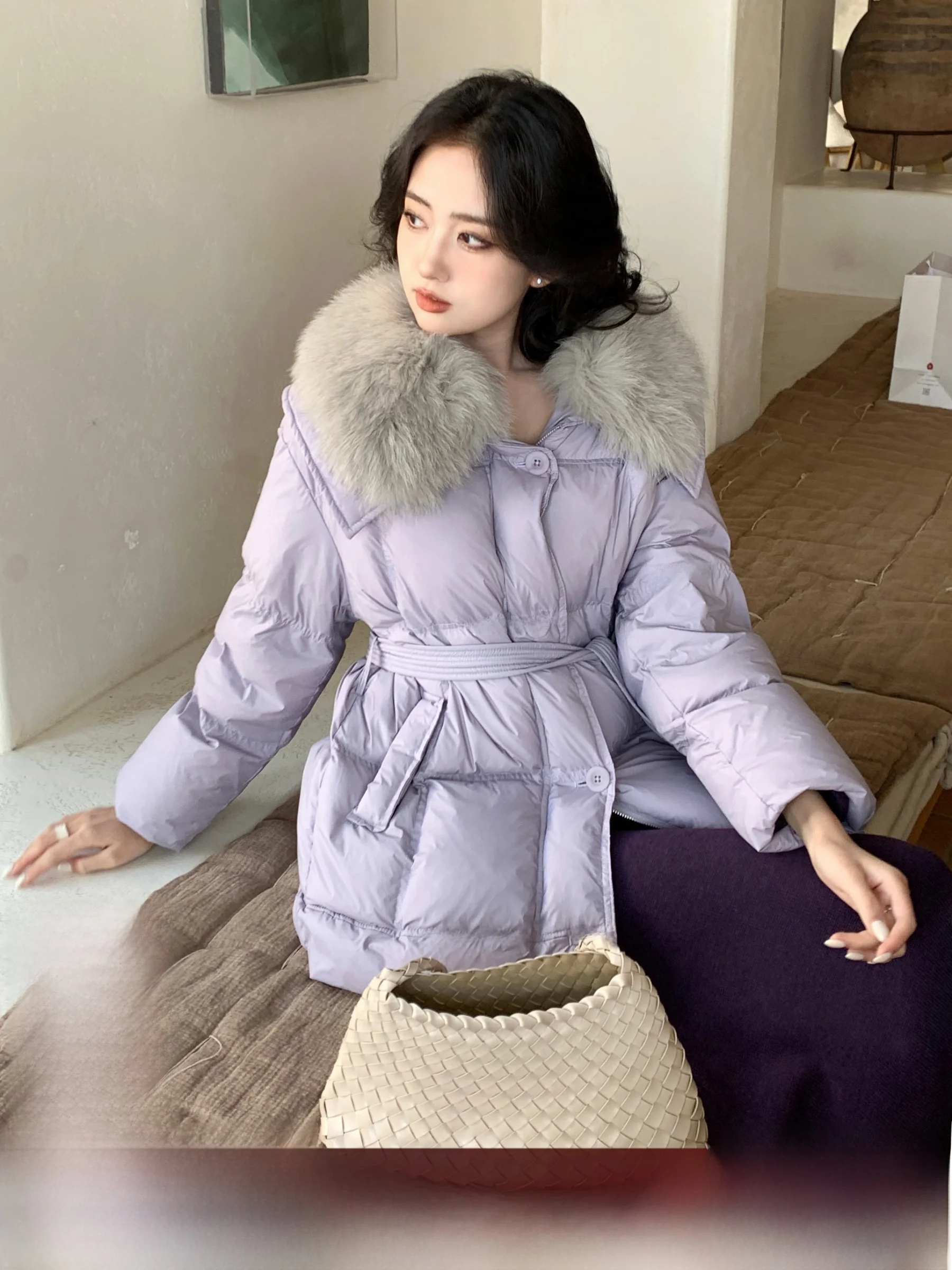 

SYT Fur Collar Padded Jaet Women's Casual Sle Warm Long Sve Large Collar Waist Cinched mid Length down Coat