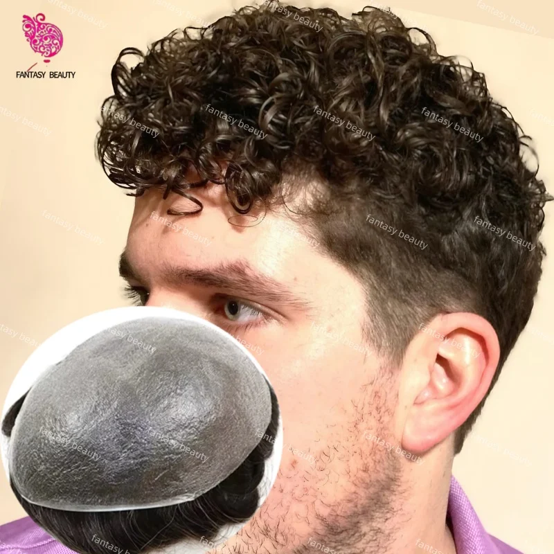 

Плотность 90% Vloop Невидимая линия роста волос Супер тонкая 0,04-0,05 мм Кожа PU 20 мм Вьющийся мужской парик 100% человеческий протез Система черных волос