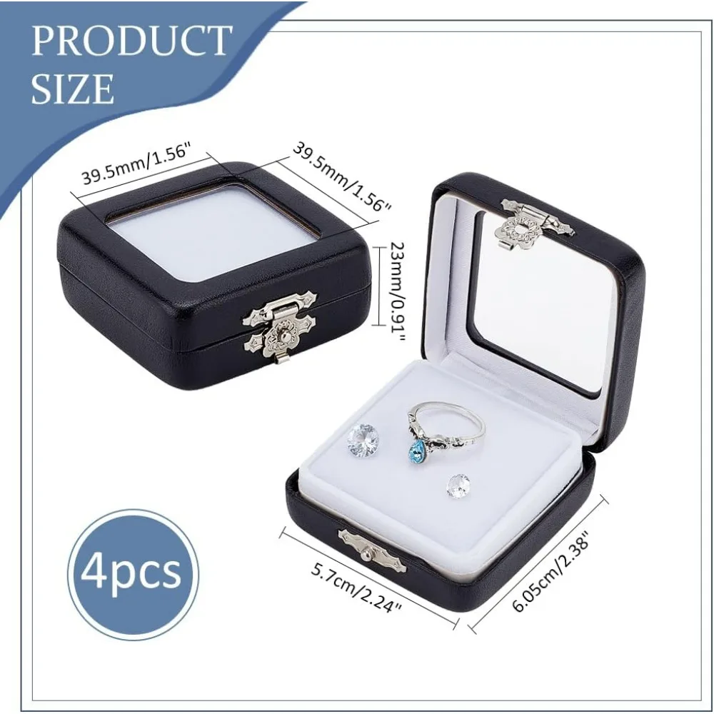 4pcs PU Leather Gemstone Display Box Small Jewelry Containers Black Rectangle Storage Case Rock Collection Box with making kit