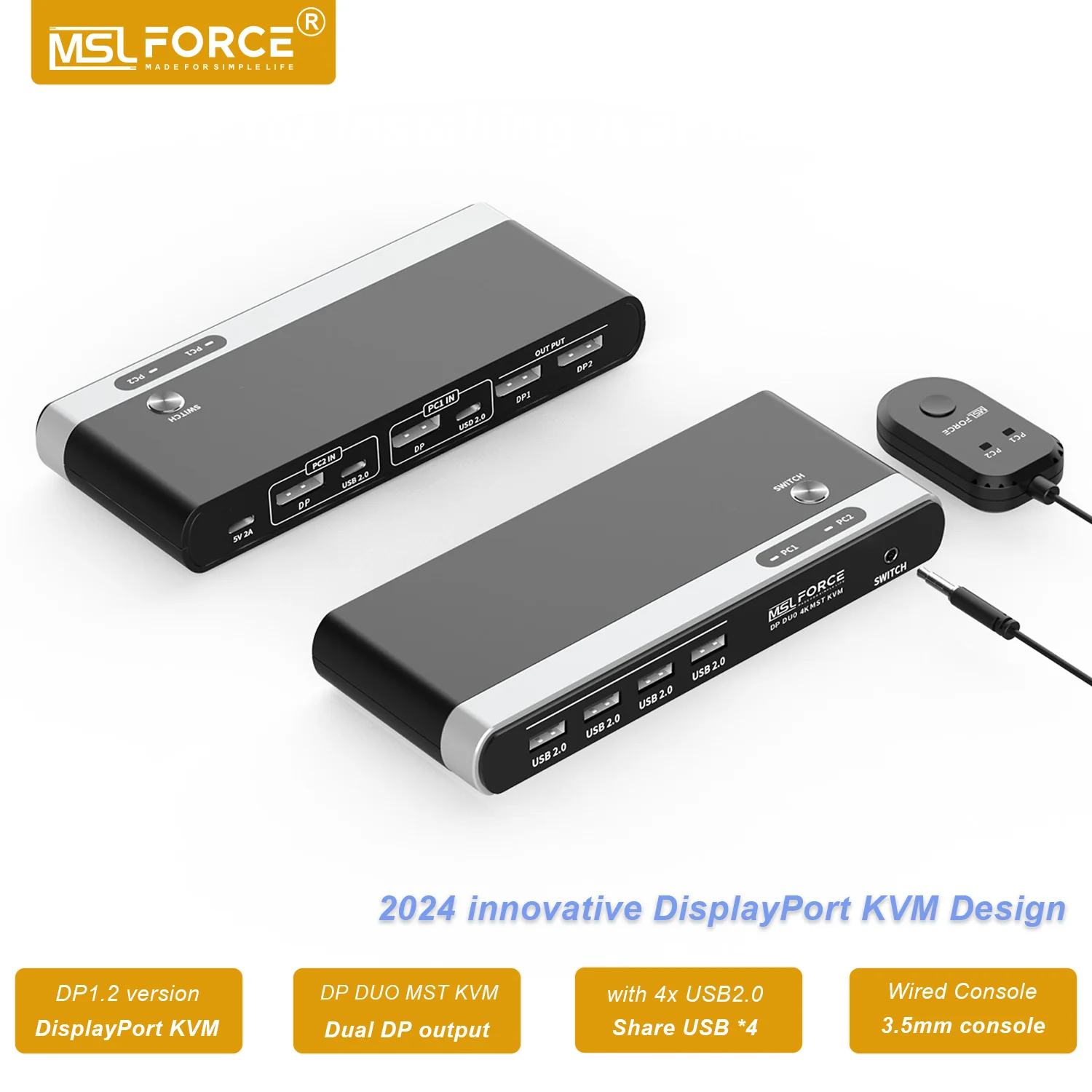 2 Port DisplayPort KVM Switch, Dual Monitor DisplayPort 1.4 USB 2.0 KVM Switch for 2 Computers 2 Monitor 4K@60Hz PC Use Mouse