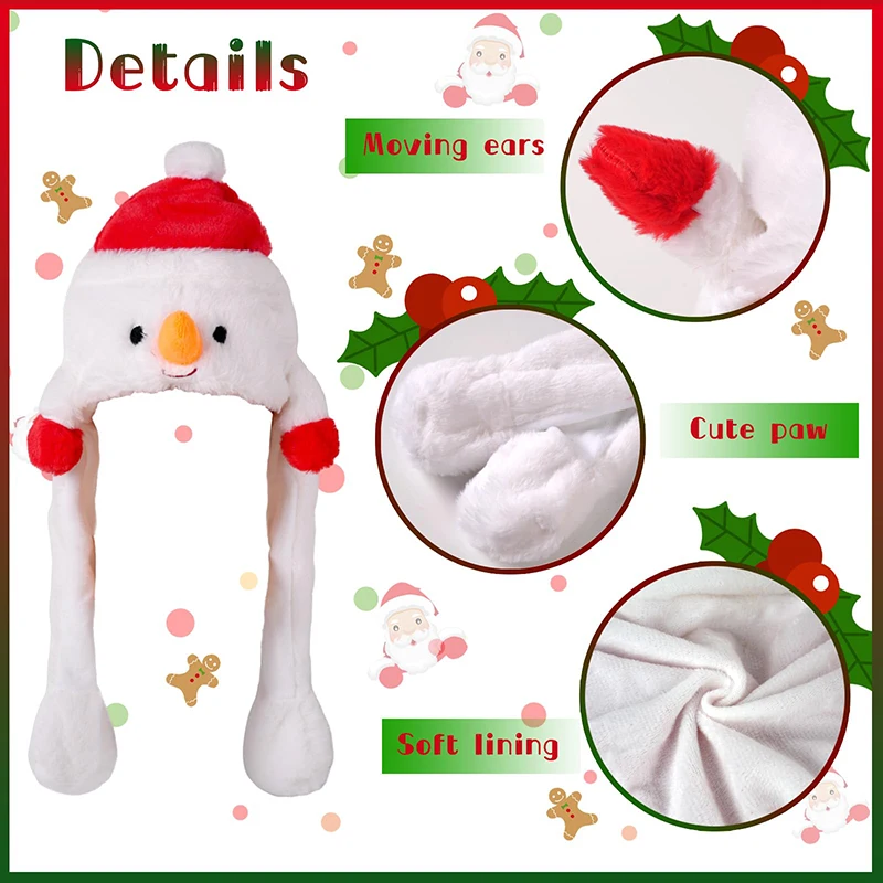 LED Light Ear Moving Plush Hat para crianças, boneco de neve bonito, brilhante, luminoso, cosplay, pulando, Ear Cap para o Natal