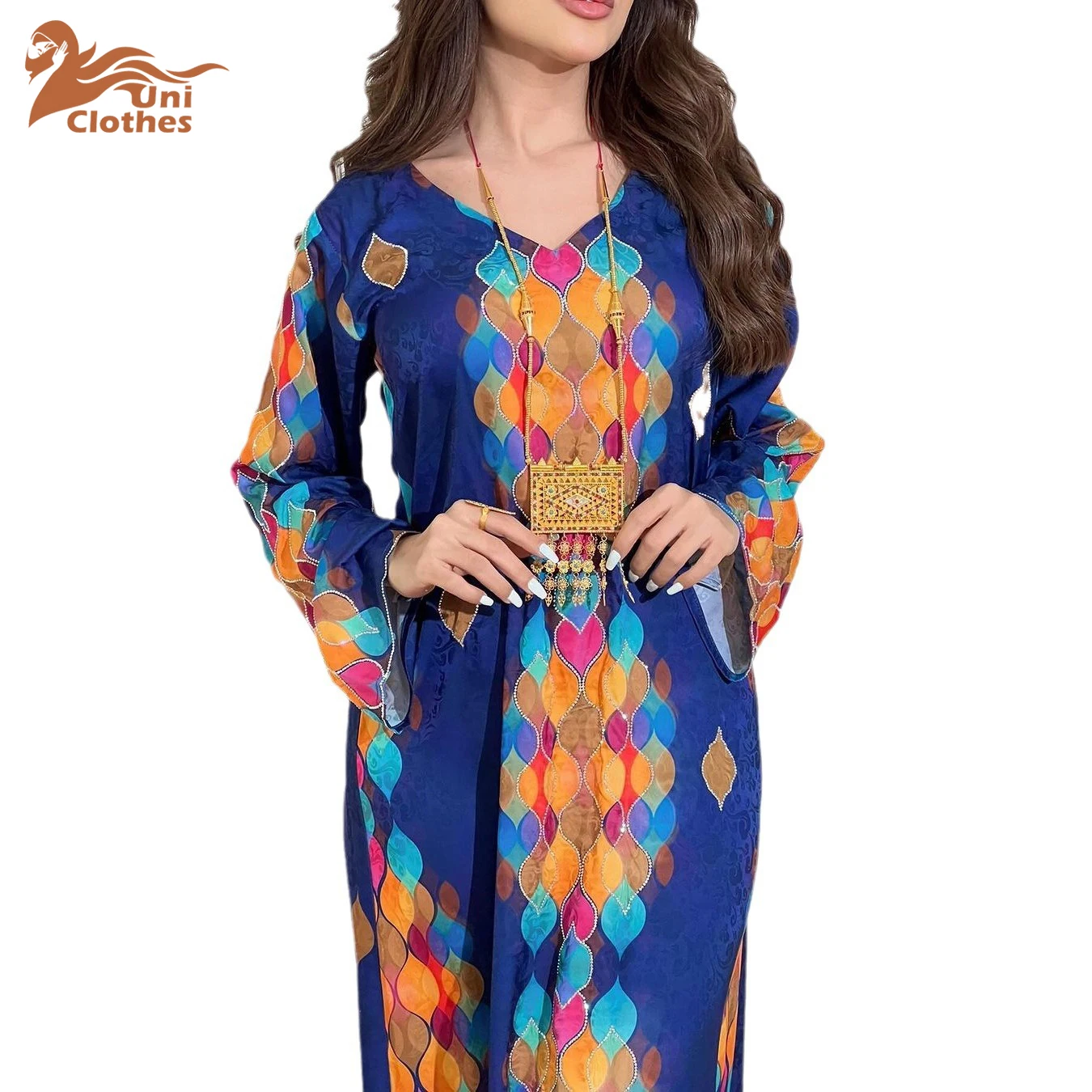 

UNI Muslim Printing Hot Drill V-Neck Abayas for Woman Moroccan Dubai Turkish Elegant Loose Kebaya Fashion Long Dresses 2024