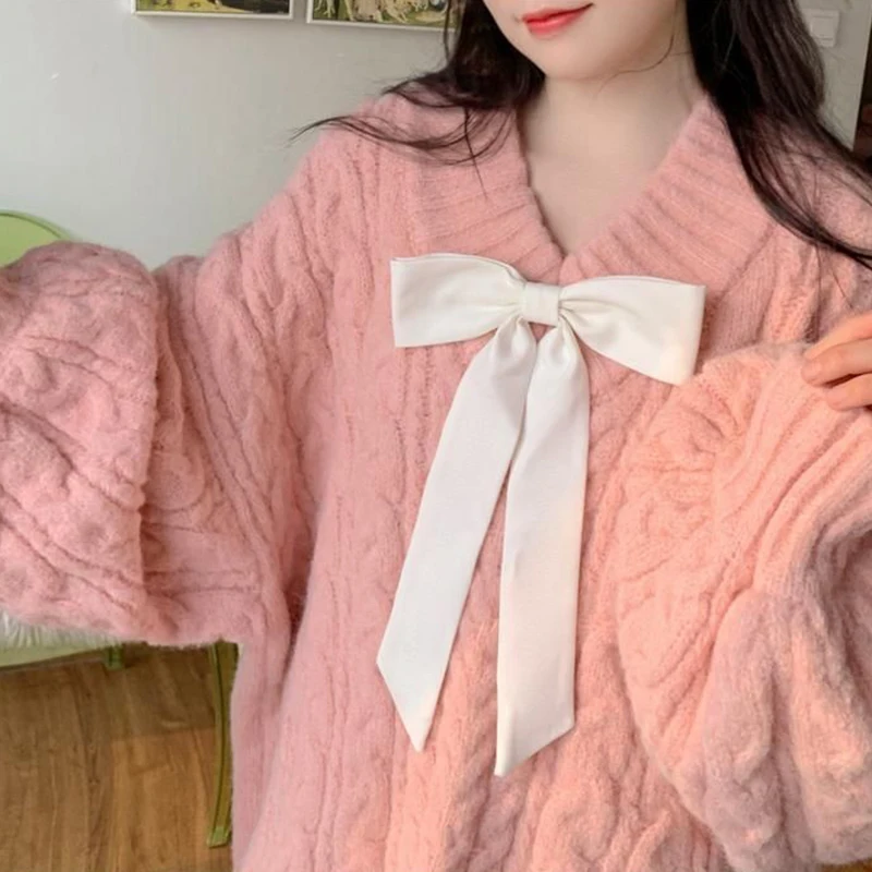 Bow Tie V-Neck Sweater Women Twist Loose Lazy Pink Lantern Sleeve Knitted Pullover Solid Fashion Pretty Style Female  Jumpers