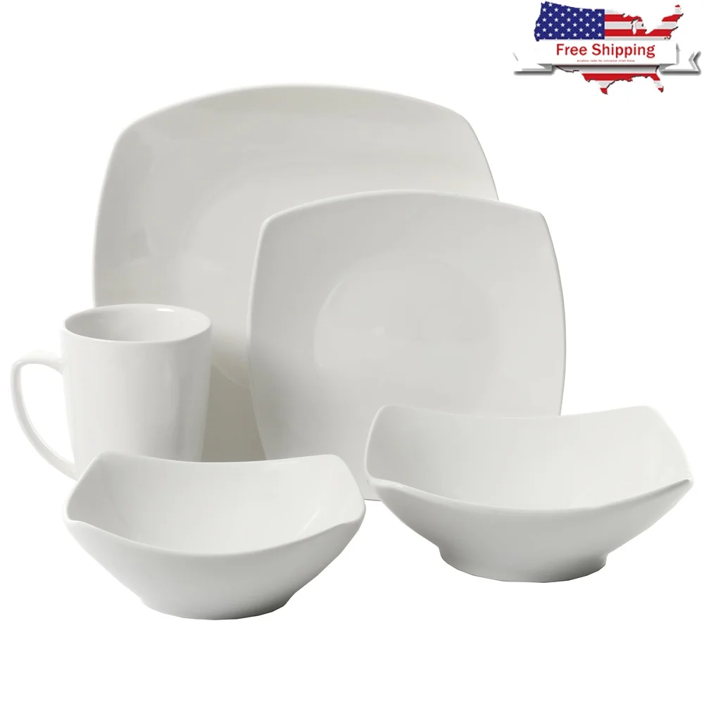 

Everyday White Ceramic Dinnerware Set 40 Pieces Includes Plates Bowls Mugs Dishwasher Microwave Safe Durable Elegant Design