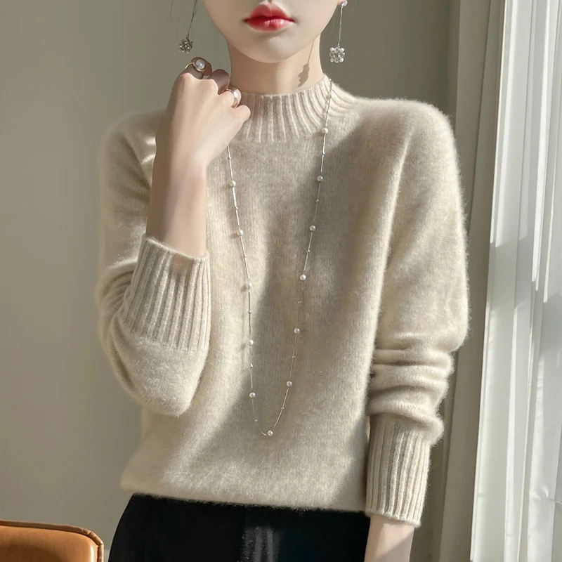 

Women's Wool Sweater Autumn Winter Mock Neck Long Sleeve Pullover High Quality 100% Merino Wool Knitwear Woman Cashmere Tops