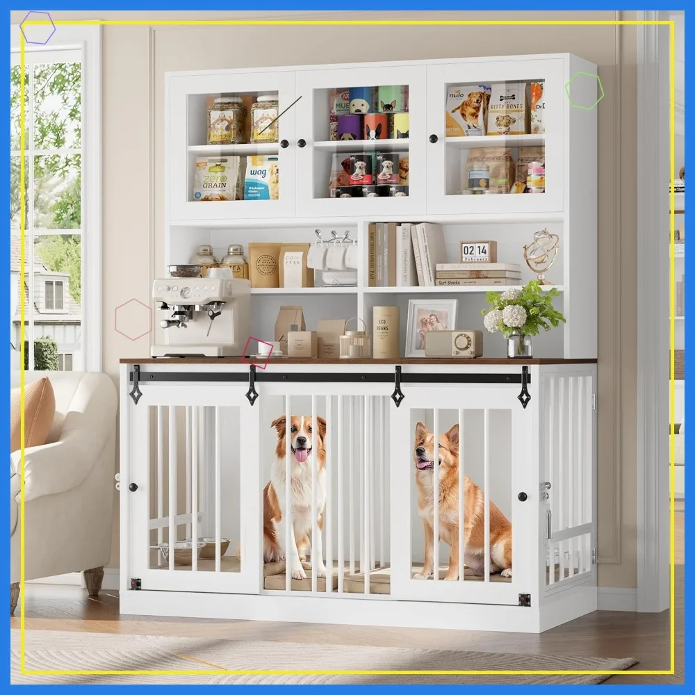 

Большая мебельная клетка для собак с полкой-вольером, стеклянной дверцей, разделителем и мисками для кормления, для домашних животных, сверхпрочная белая клетка