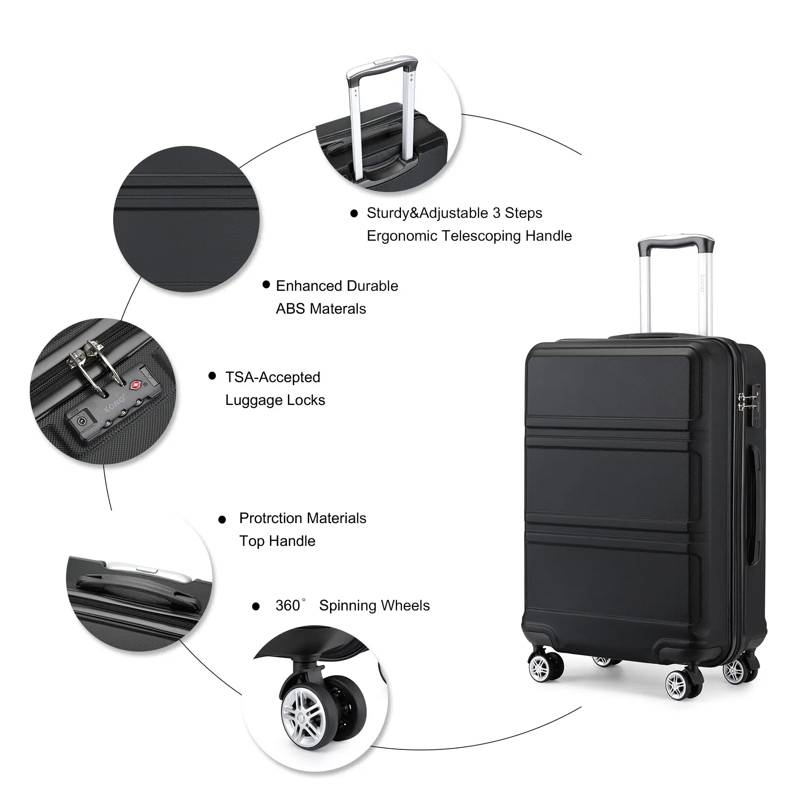 Kono suitcase hand luggage Trolley with Roller, 55cm Cabin Case, Easy weight ABS Hard Case, TSA Lock for Safety