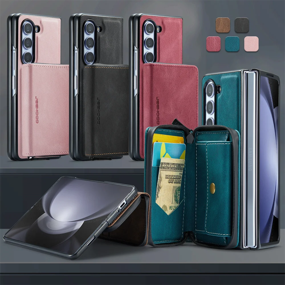JEEHOOD Luxury Detachable Zipper Purse Wallet Case for Samsung Galaxy Z Fold 5 Magnetic Leather Card Bag Business Folding Cover