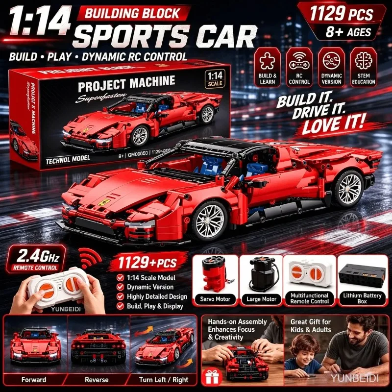 Mechanical Building Blocks Racing Car 1:14 Model 1129PCS+ Static/Dynamic RC Car DIY Bricks Assembly Toy Kids Adults Collect Gift view 5